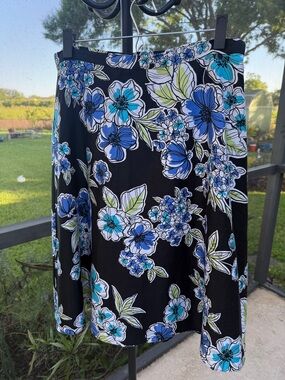 Cotton lined Black A-Line Skirt with Blue & Green Floral Pattern